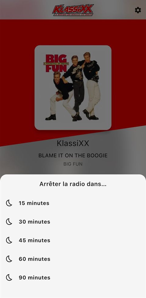 Application KlassiXX : choix du minuteur d'arrêt de 15 à 90 minutes