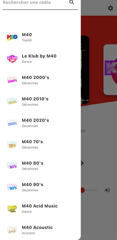 Menu de l'application M40 : liste des radios du groupe avec recherche